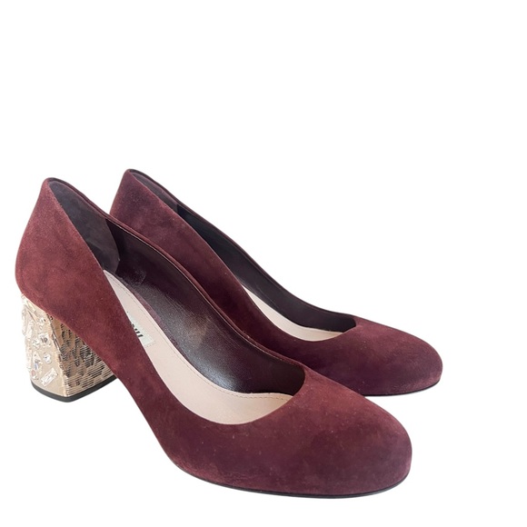 Miu Miu Burgundy Suede Crystal Embellished Block Heel Pumps - Picture 5 of 7